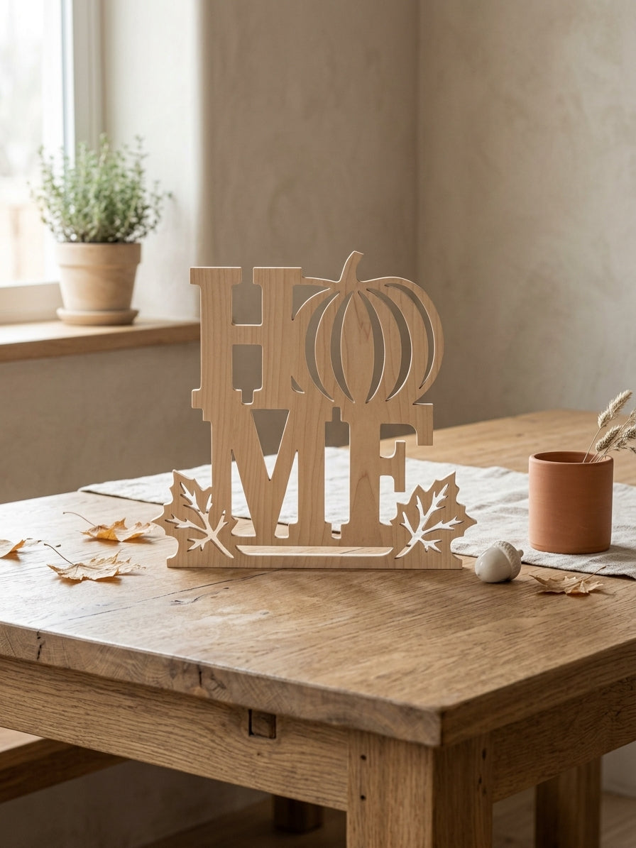 Herbstliches Holzschild „HOME“ mit Kürbis & Ahornblättern
