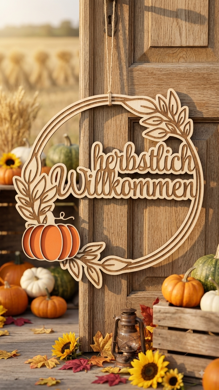 Herbstlich Willkommen – Holzschild mit buntem Kürbis