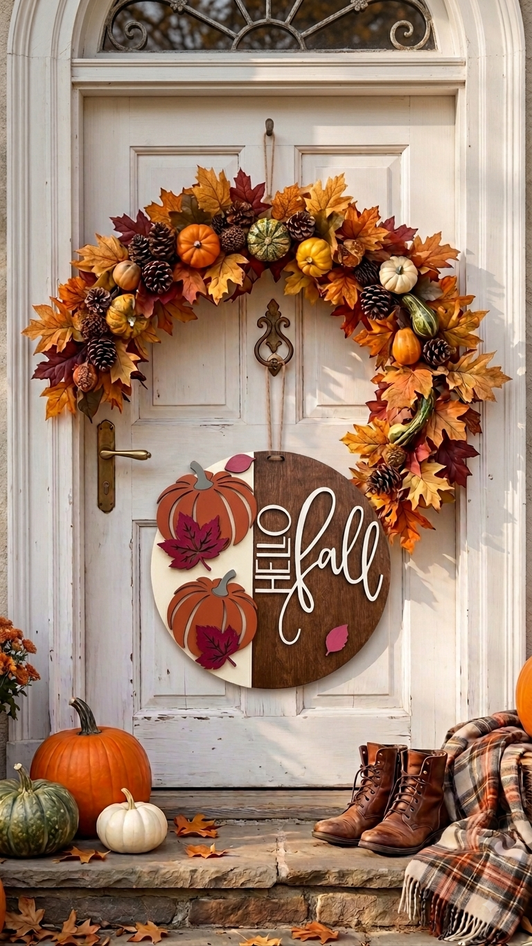 Herbstgruß aus Holz – Handgefertigter Türhänger „Hello Fall“ mit 3D-Kürbis-Elementen