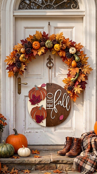 Herbstgruß aus Holz – Handgefertigter Türhänger „Hello Fall“ mit 3D-Kürbis-Elementen