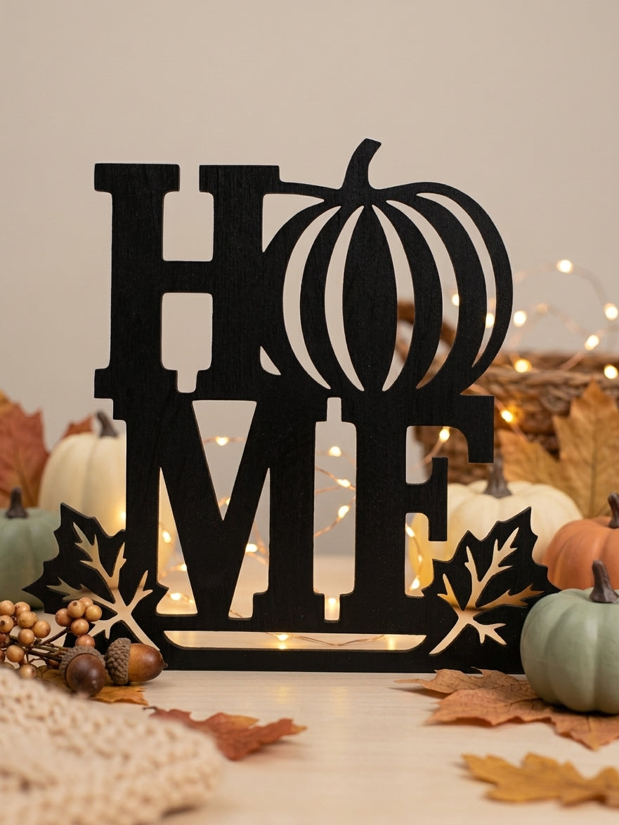 Herbstliches Holzschild „HOME“ mit Kürbis & Ahornblättern