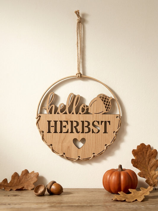 Herbstlicher Türkranz „Hello Herbst“ – Dekokranz aus Holz